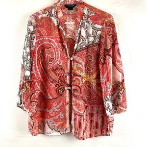 Citron Santa Monica Blouse Mother of Pearl Button Silk Sz M Floral Paisley Art
